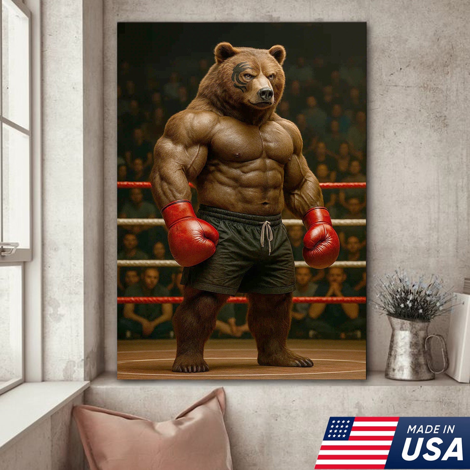 Boxing Bear Canvas Wall Art, Muscular Fighter in Red Gloves, Gym & Man Cave Decor