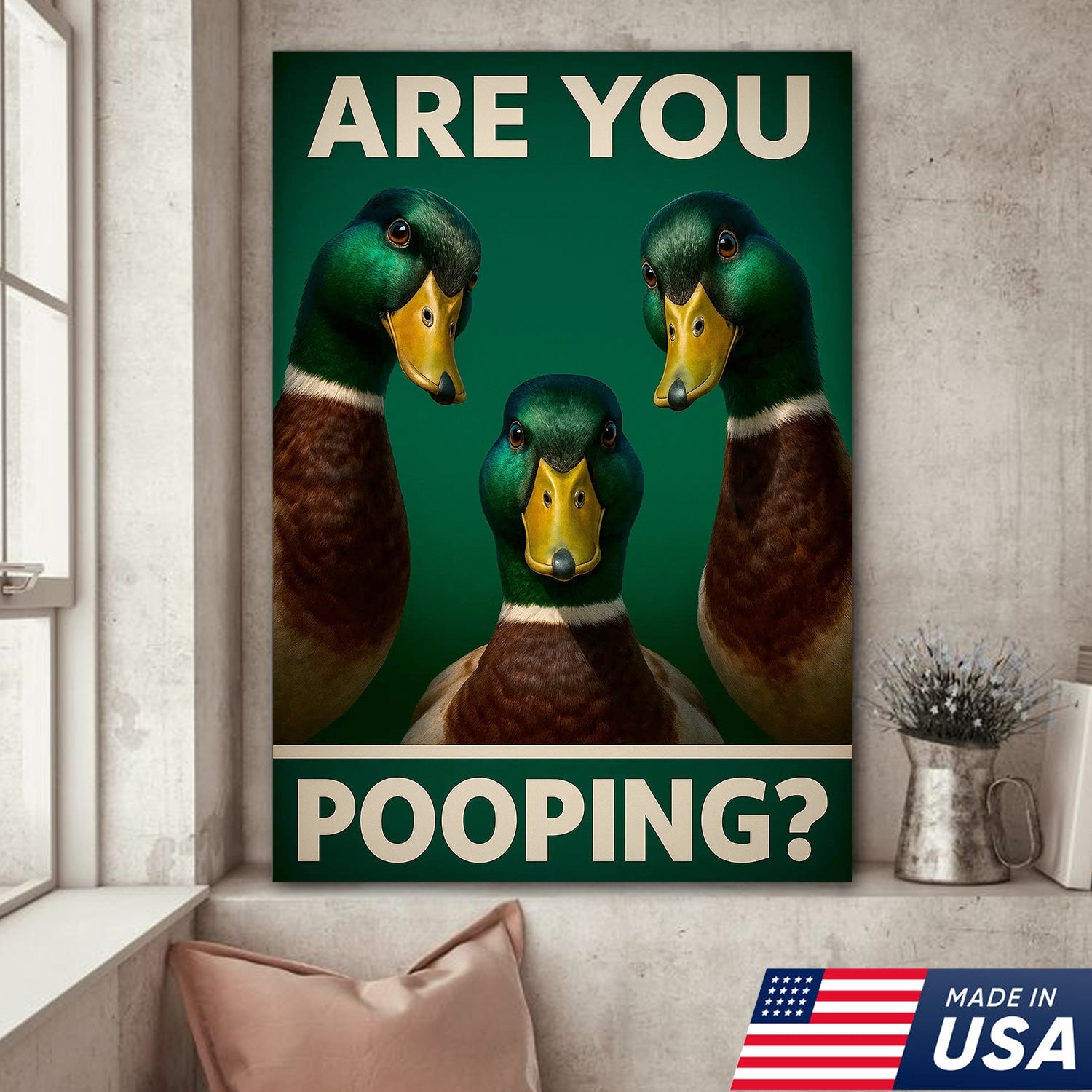 Funny Duck Bathroom Canvas Wall Art – Mallard Humor Decor – Rustic Lodge or Cabin Gift