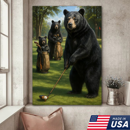 Funny Bear Golf Canvas – Rustic Cabin Wall Art Gift for Hunters, Golf Lovers & Man Caves