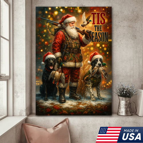 Rustic Christmas Hunting Canvas Art - Santa with Hunting Dogs and Ducks Holiday Wall Decor