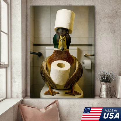 Funny Duck Bathroom Canvas Wall Art – Rustic Toilet Canvas for Cabin, Lodge & Man Cave Decor