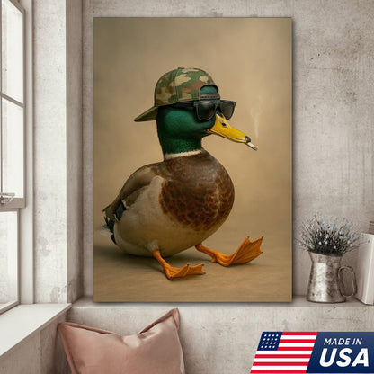Cool Mallard Duck with Camo Hat Wall Art – Funny Hunting Canvas Print