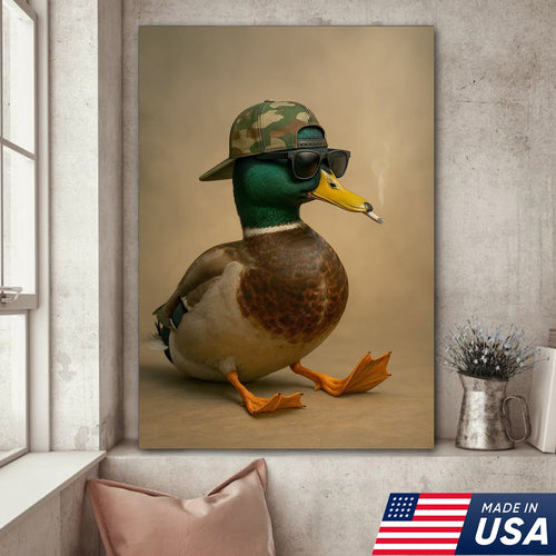 Cool Mallard Duck with Camo Hat Wall Art – Funny Hunting Canvas Print