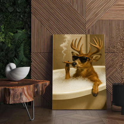 Funny Deer in Bathtub Canvas – Retro Animal Art Print with SunGlasses and Smoking for Wall Decor