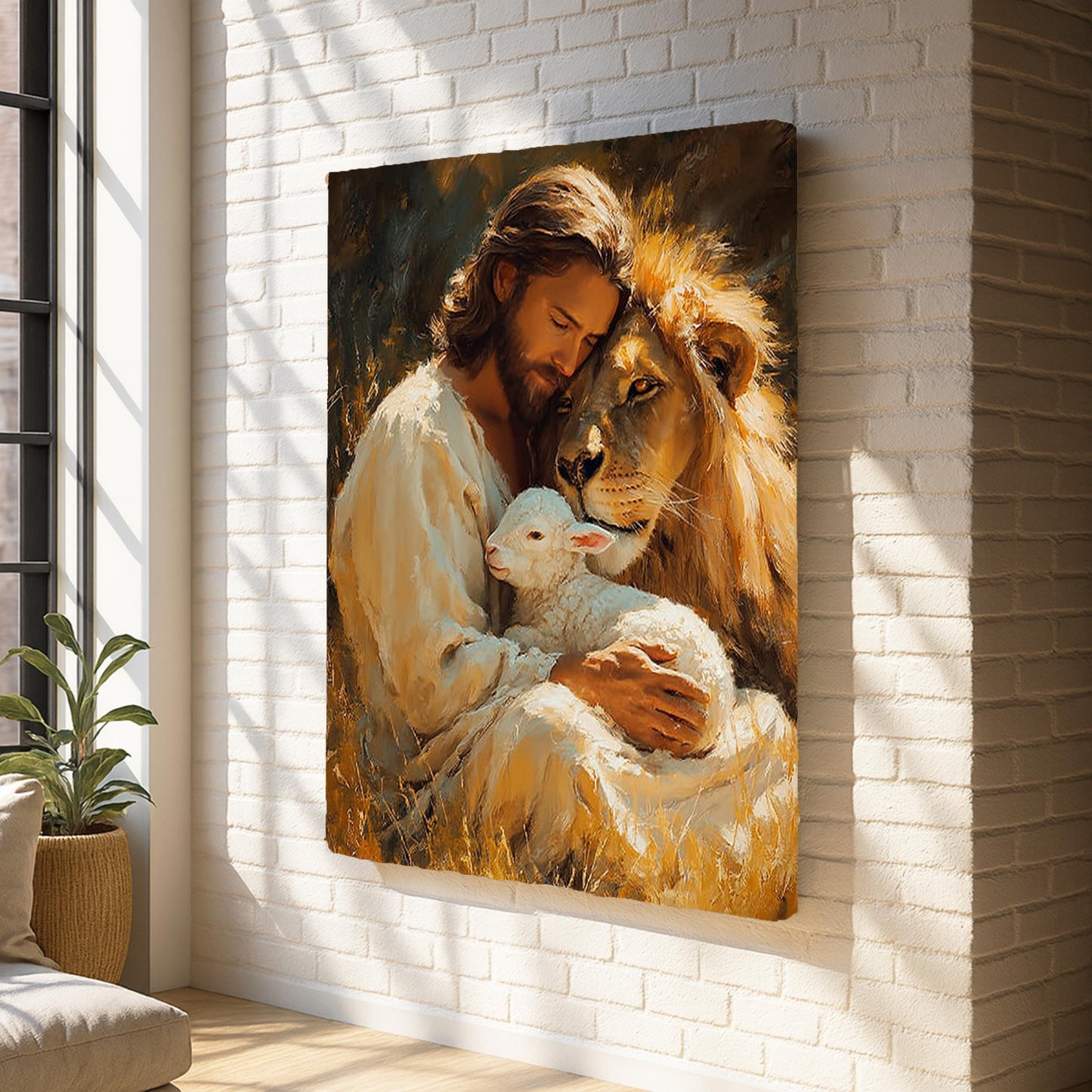 Jesus Lion and Lamb Canvas Wall Art Christian Home Decor
