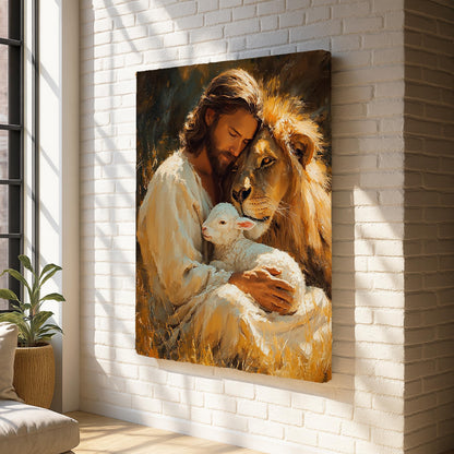Jesus Lion and Lamb Canvas Wall Art Christian Home Decor