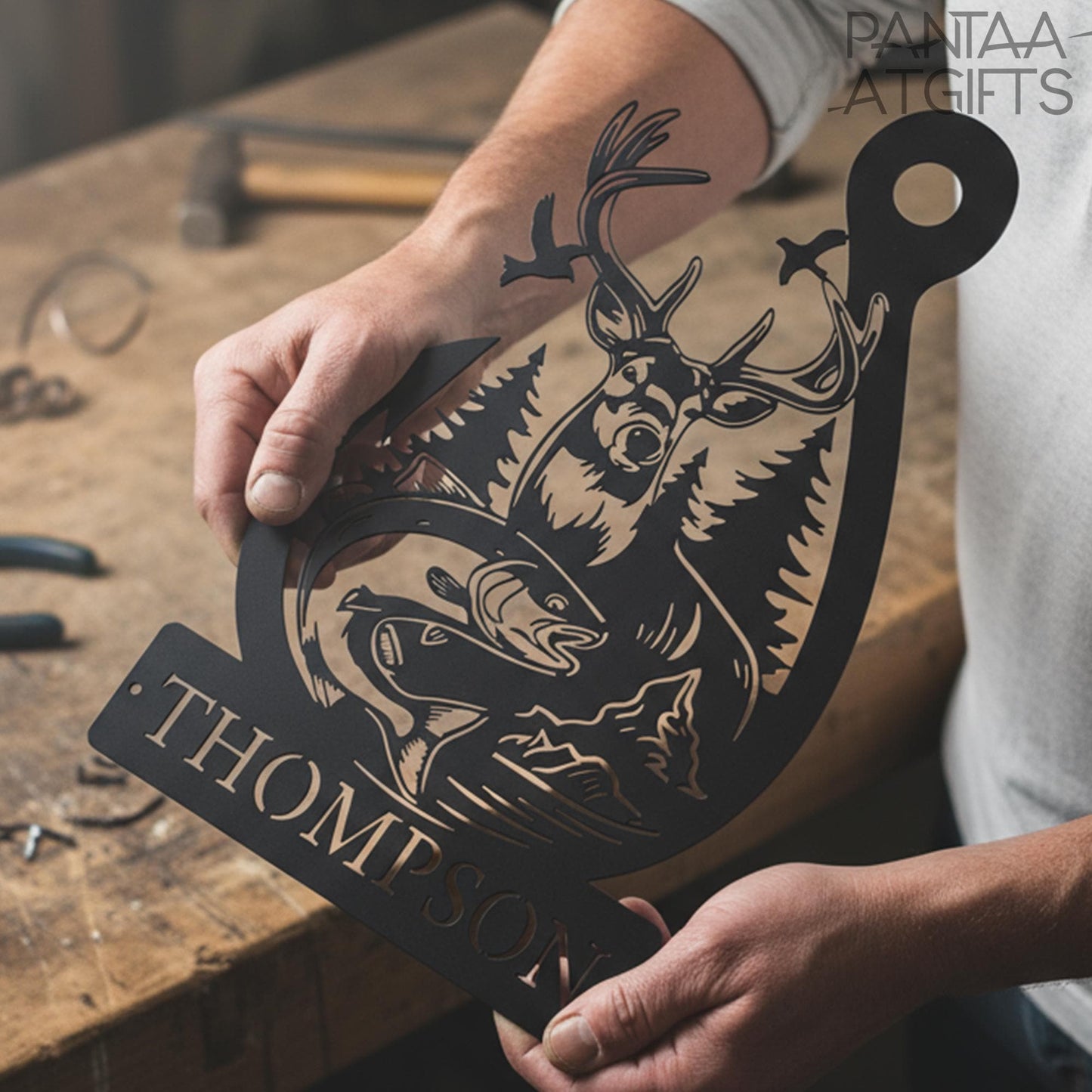 Personalized Deer & Fish Metal Sign, Family Name Outdoor Decor