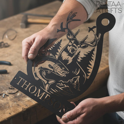 Personalized Deer & Fish Metal Sign, Family Name Outdoor Decor