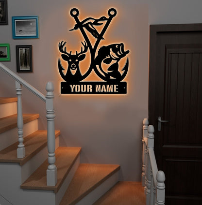 Personalized Hunting Fishing Metal Sign WITH LED/WITHOUT LED, Deer Duck Bass Wall Decor
