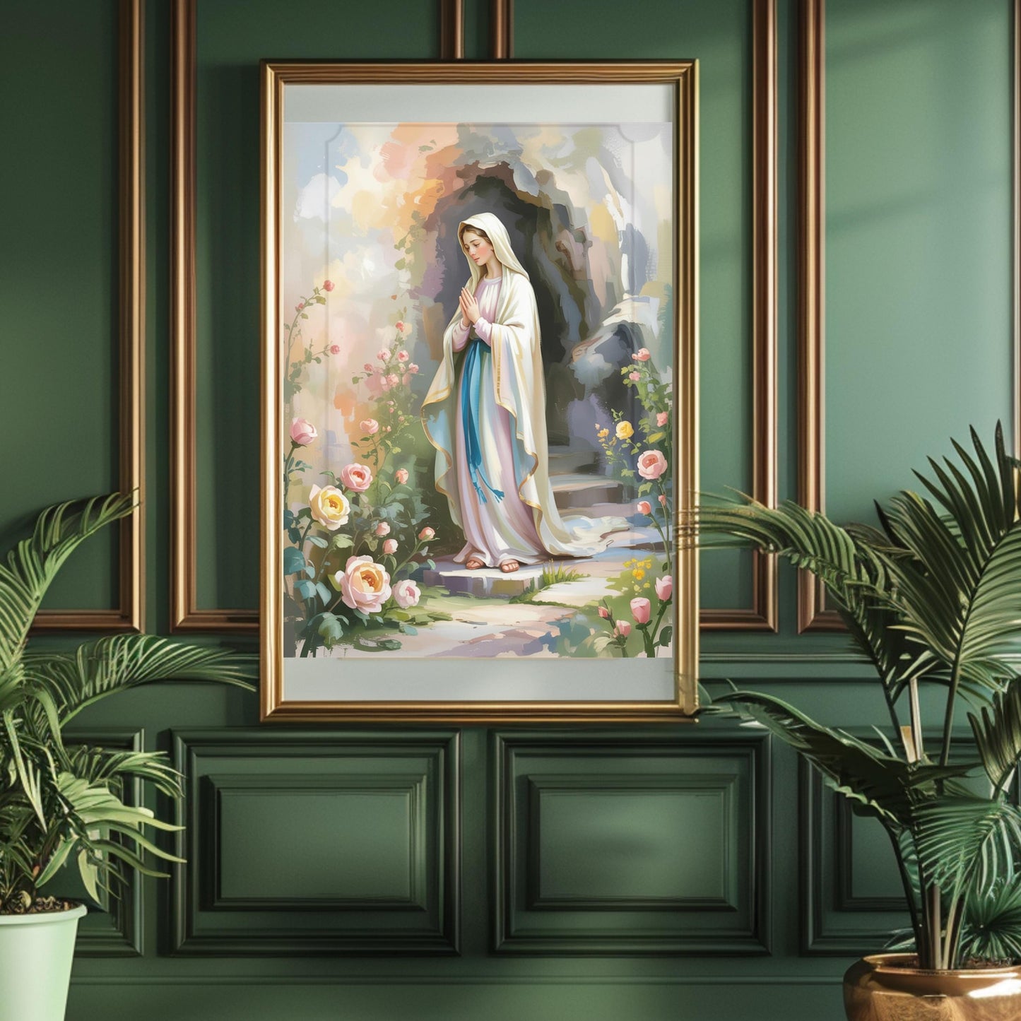 Virgin Mary Art Print: Serene Floral Catholic Home Decor Wall Art