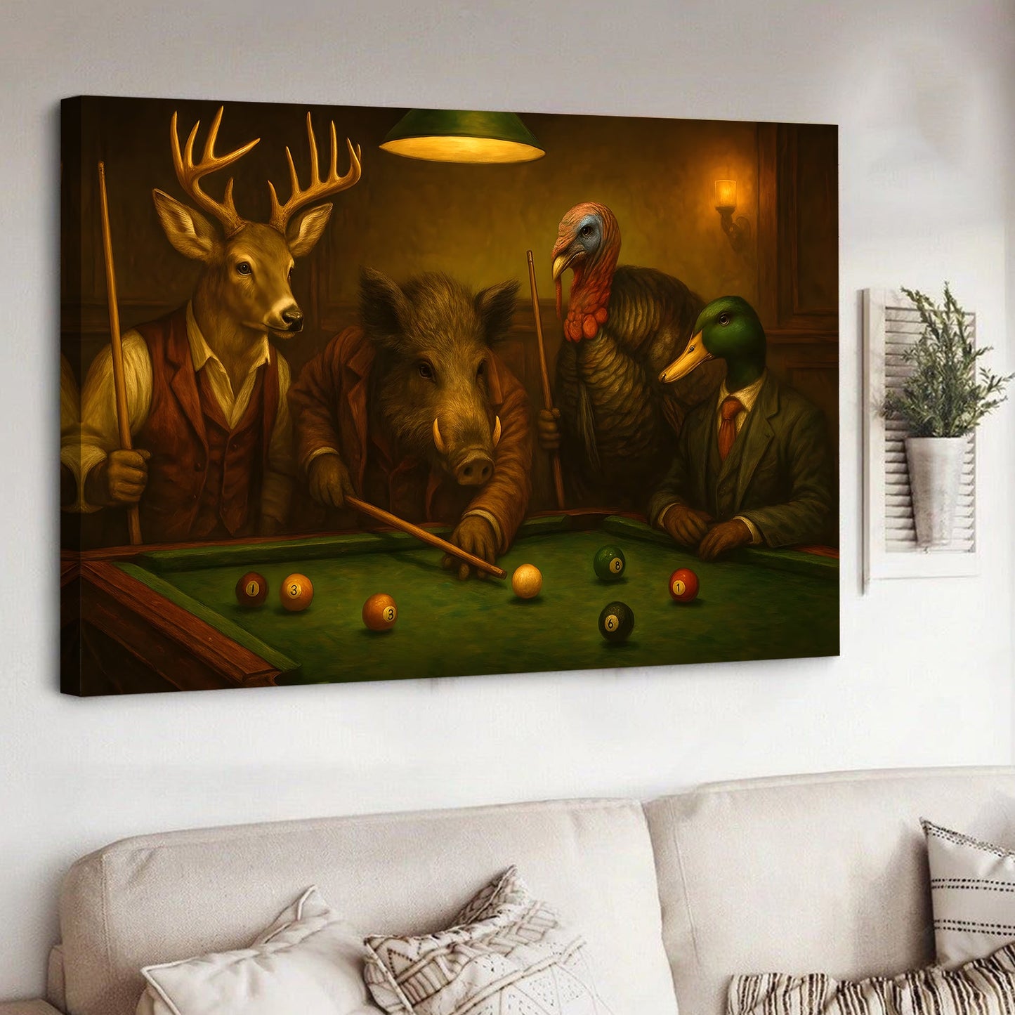 Hunter’s Billiard Crew Canvas Wall Art – Deer, Boar, Duck & Turkey Playing Pool – Rustic Hunting Cave