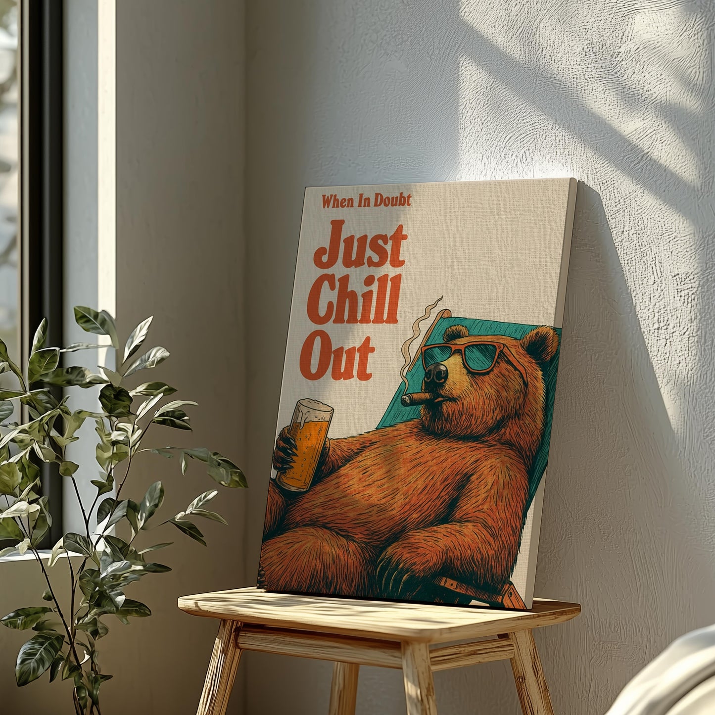 Just Chill Out Bear Canvas – Funny Rustic Cabin Wall Art for Hunters & Beer Lovers
