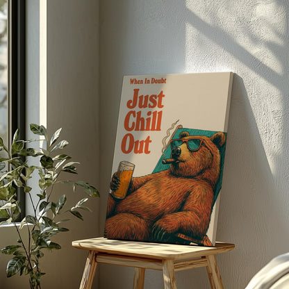 Just Chill Out Bear Canvas – Funny Rustic Cabin Wall Art for Hunters & Beer Lovers