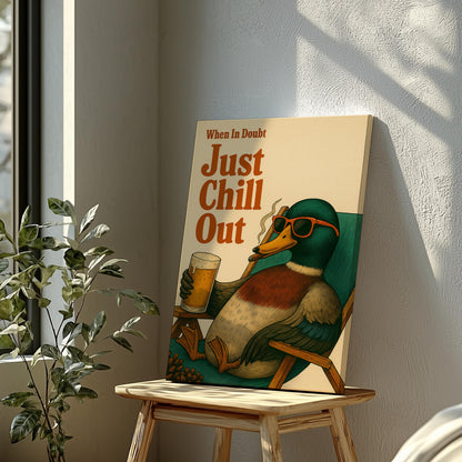 Canvas print with a duck holding a beer and sunglasses, featuring the text 'When In Doubt Just Chill Out', on a wooden stool against a wall.