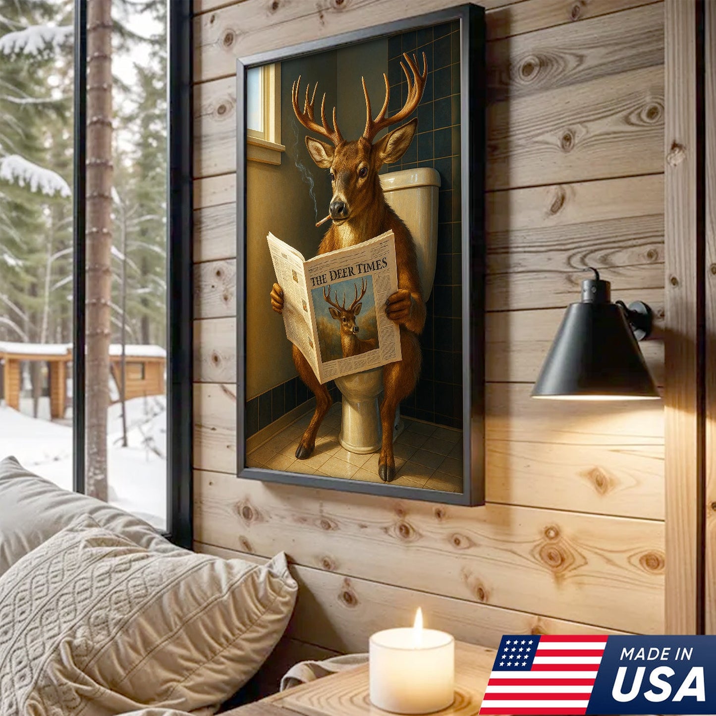 Funny Deer Canvas Wall Art – Buck Reading Newspaper on Toilet – Whitetail Deer Bathroom