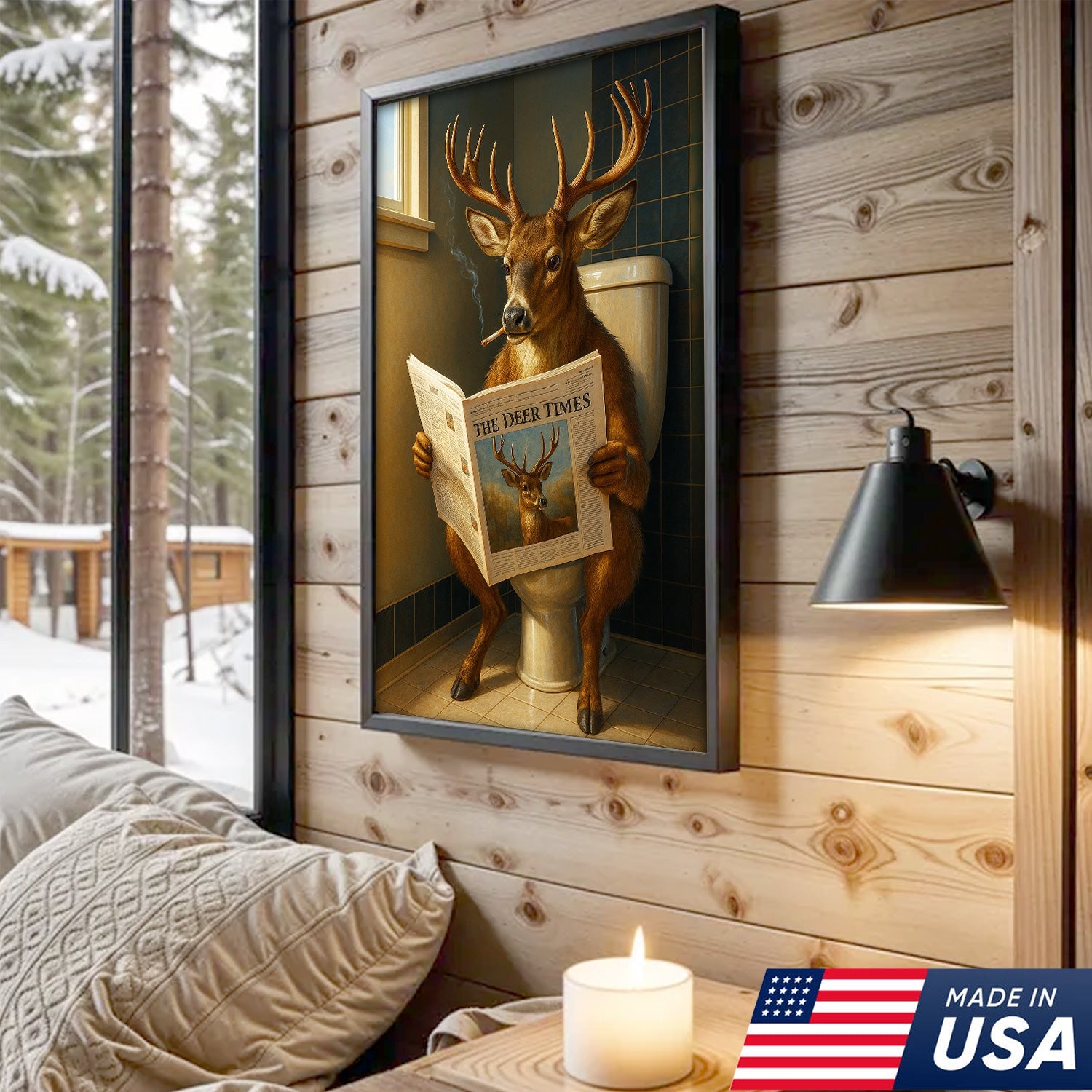 Funny Deer Canvas Wall Art – Buck Reading Newspaper on Toilet – Whitetail Deer Bathroom