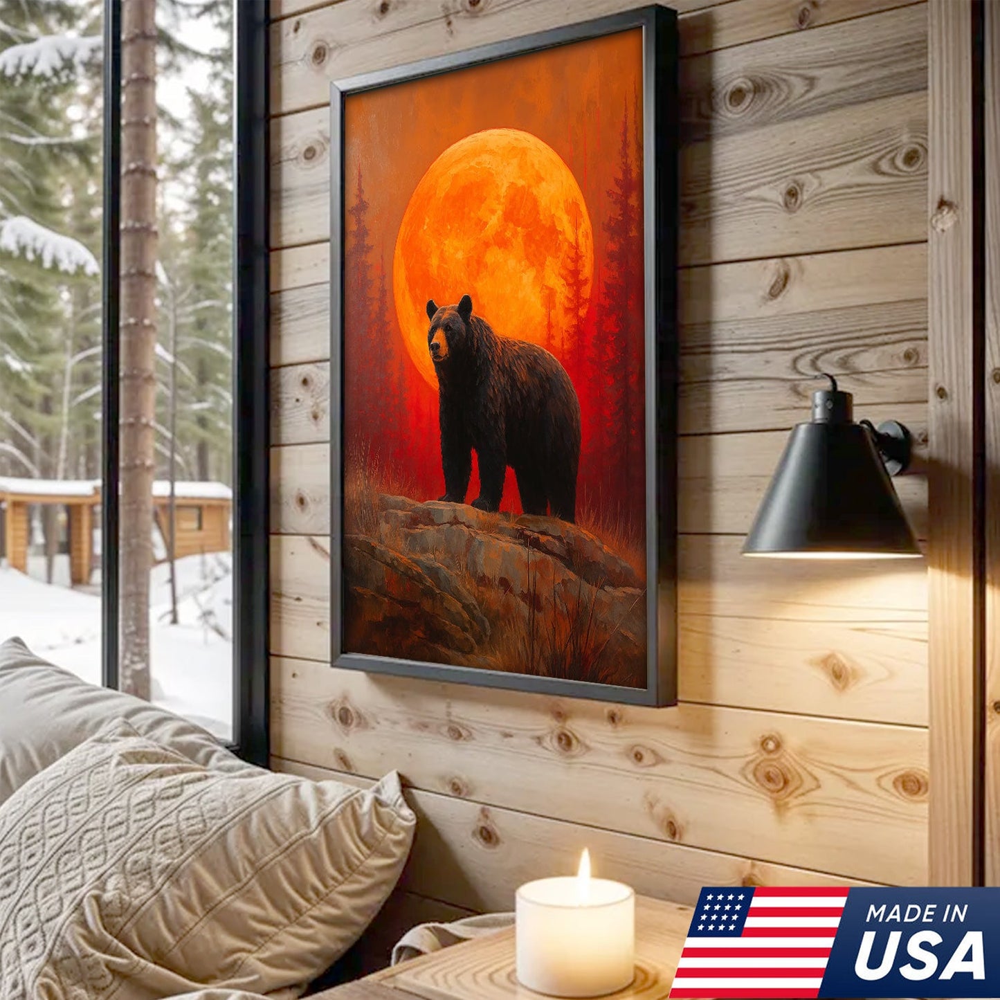 Bear Canvas Wall Art – Majestic Black Bear with Fiery Orange Full Moon