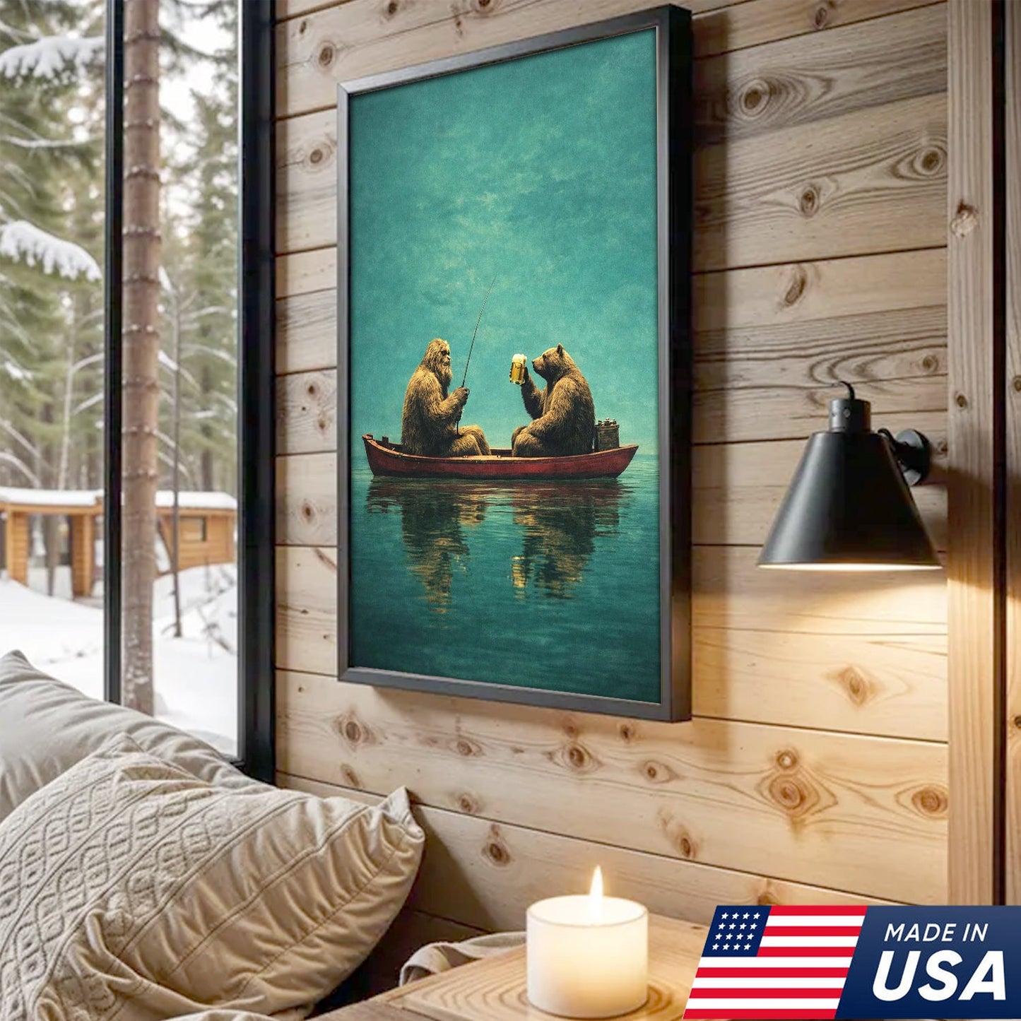 Whimsical Bear Fishing Canvas Wall Art, Surreal Animal Friendship Painting