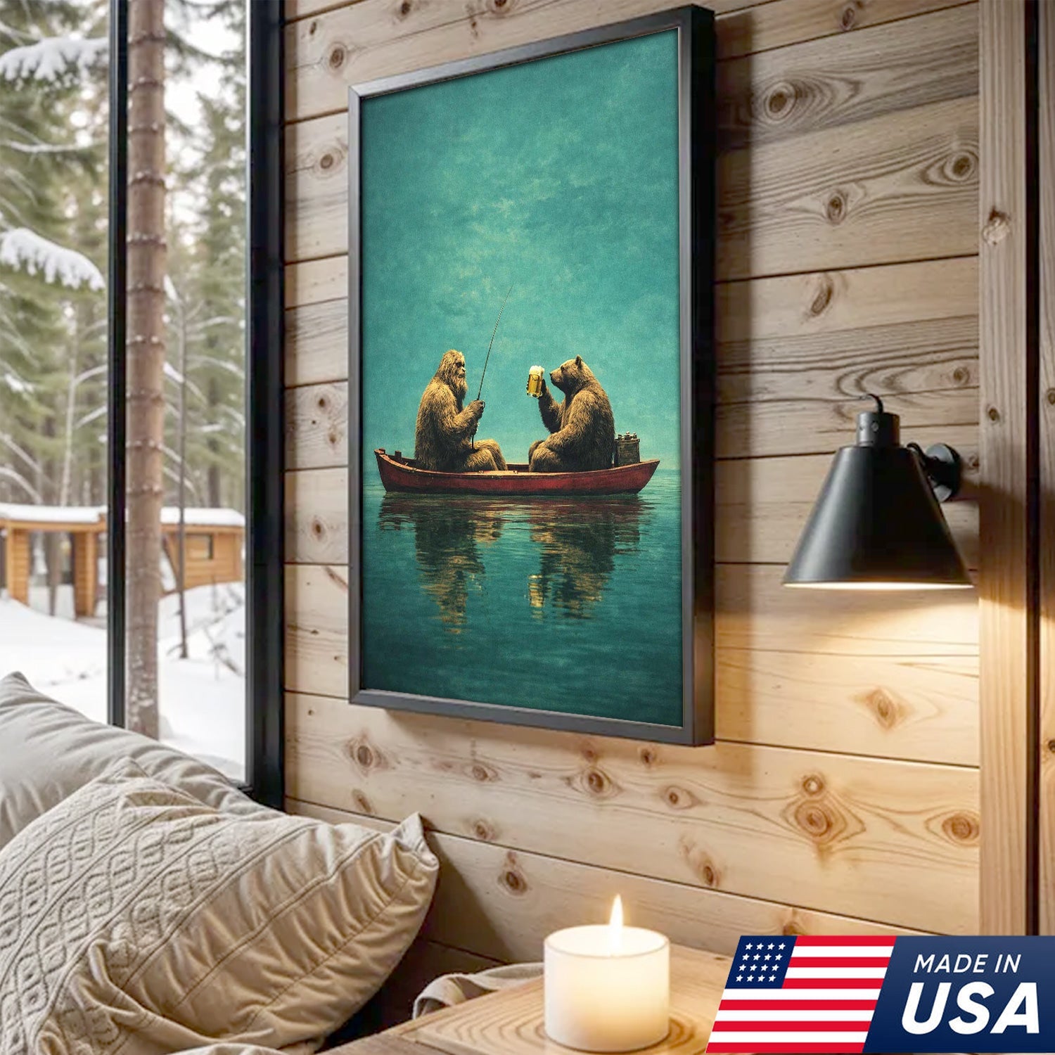 Whimsical Bear Fishing Canvas Wall Art, Surreal Animal Friendship Painting