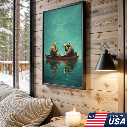 Whimsical Bear Fishing Canvas Wall Art, Surreal Animal Friendship Painting