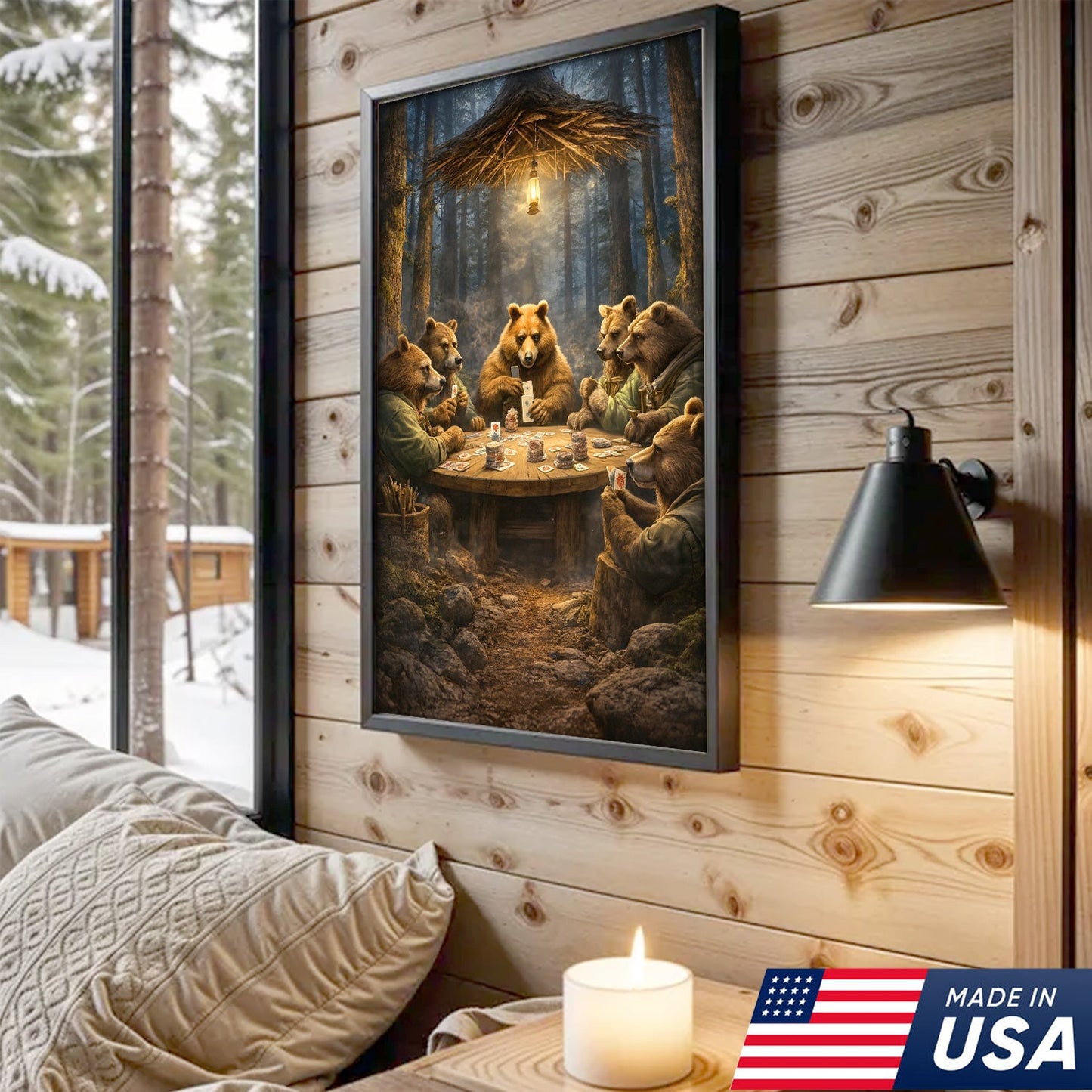 Funny Bear Poker Night Wall Art Canvas – Rustic Forest Animal Card Game Canvas Decor