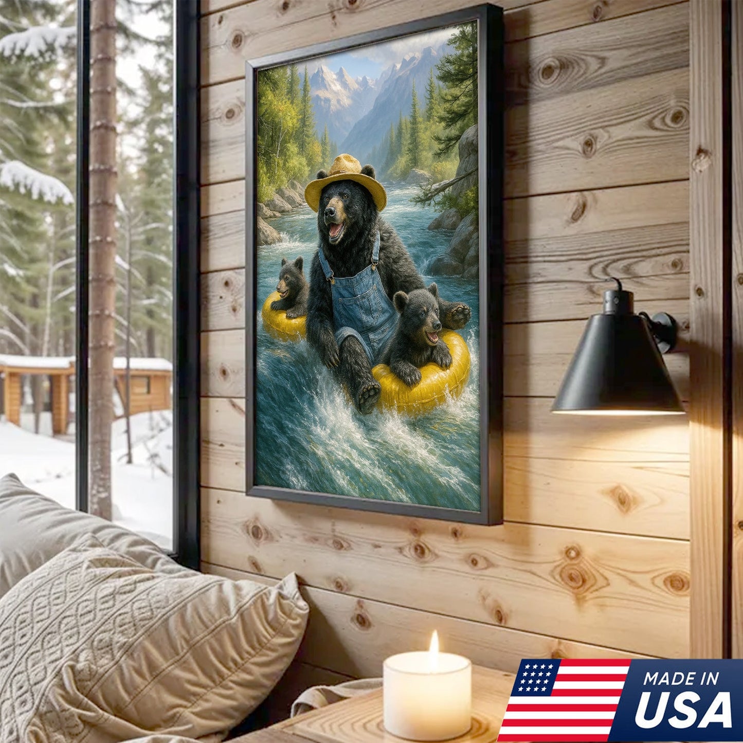 Bear River Adventure Canvas Wall Art – Cute Bear Family Wall Decor for Cabin & Nature Lovers
