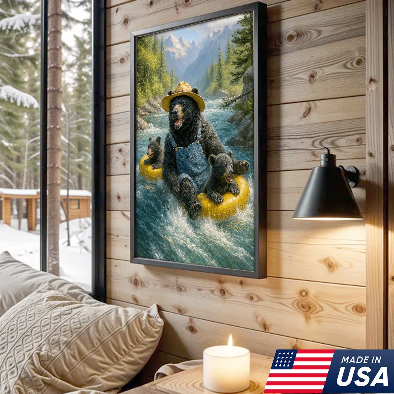 Bear River Adventure Canvas Wall Art – Cute Bear Family Wall Decor for Cabin & Nature Lovers