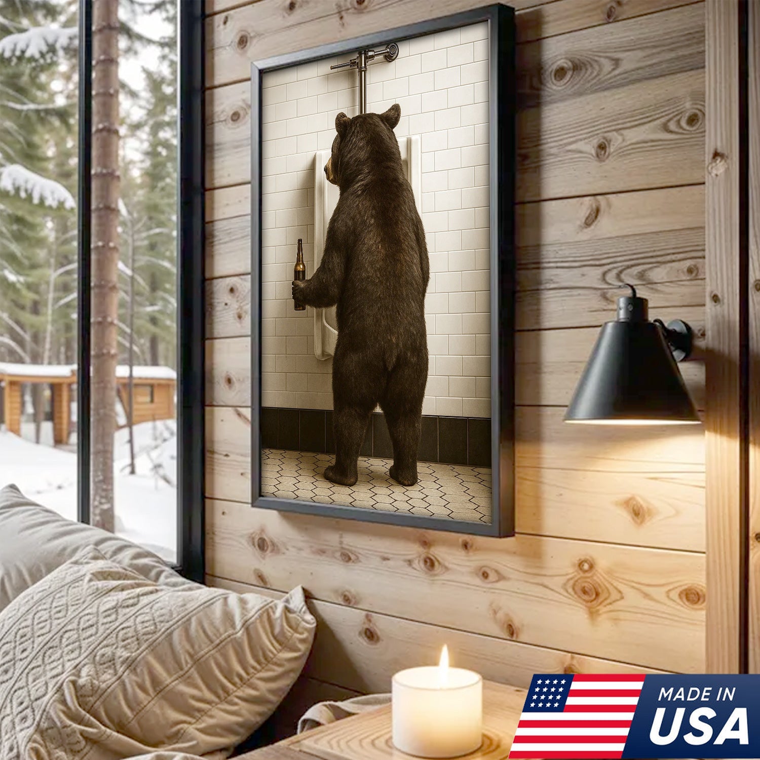 Funny Black Bear Canvas Wall Art – Hilarious Bathroom Humor Decor – Rustic Cabin Lodge Gag Gift