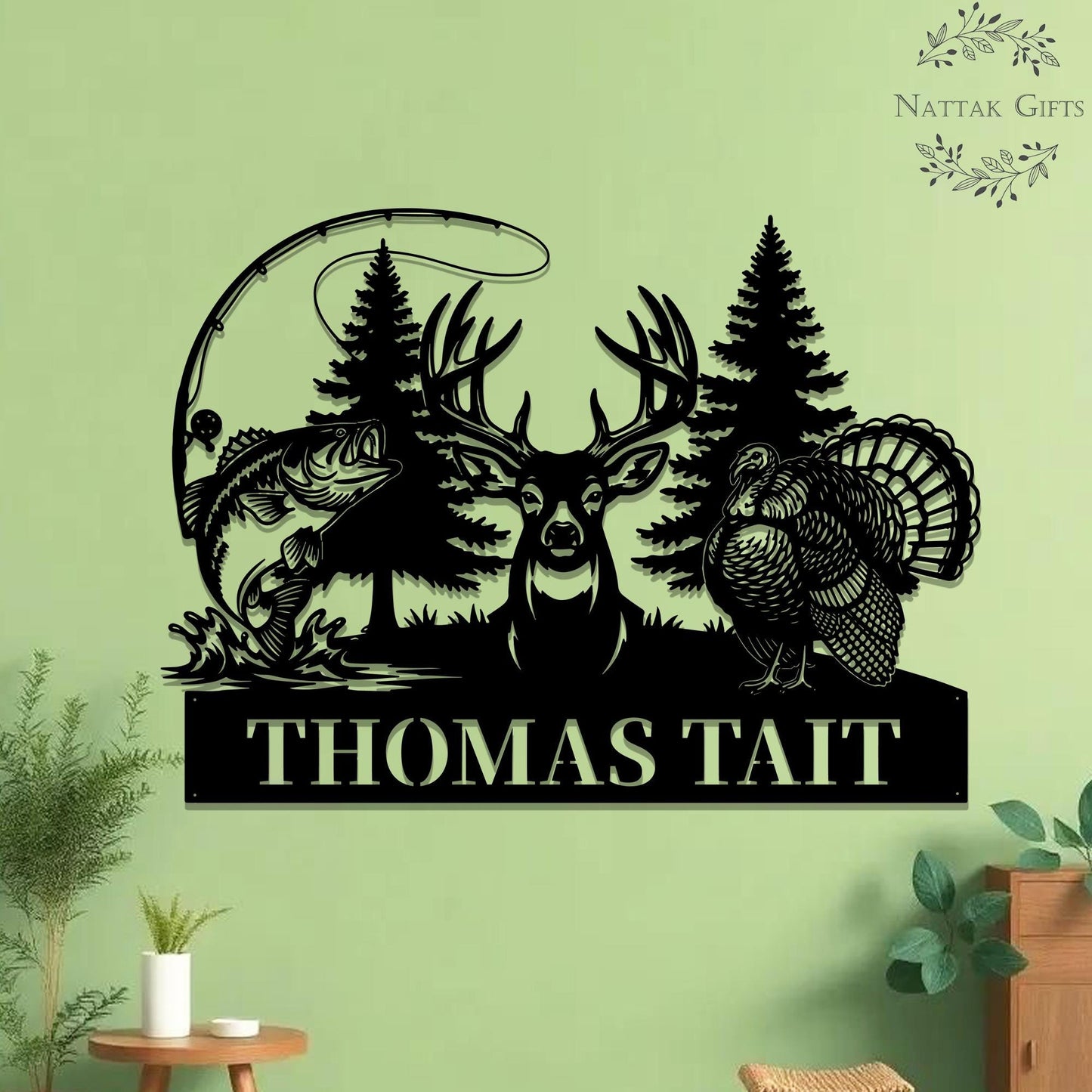 Personalized Hunting Name Metal Sign, Custom Deer Turkey & Bass Fishing Wall Art