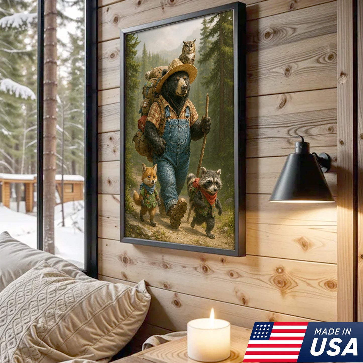 Bear Hiking Adventure Canvas Art – Cute Woodland Animal Wall Decor for Cabin & Home