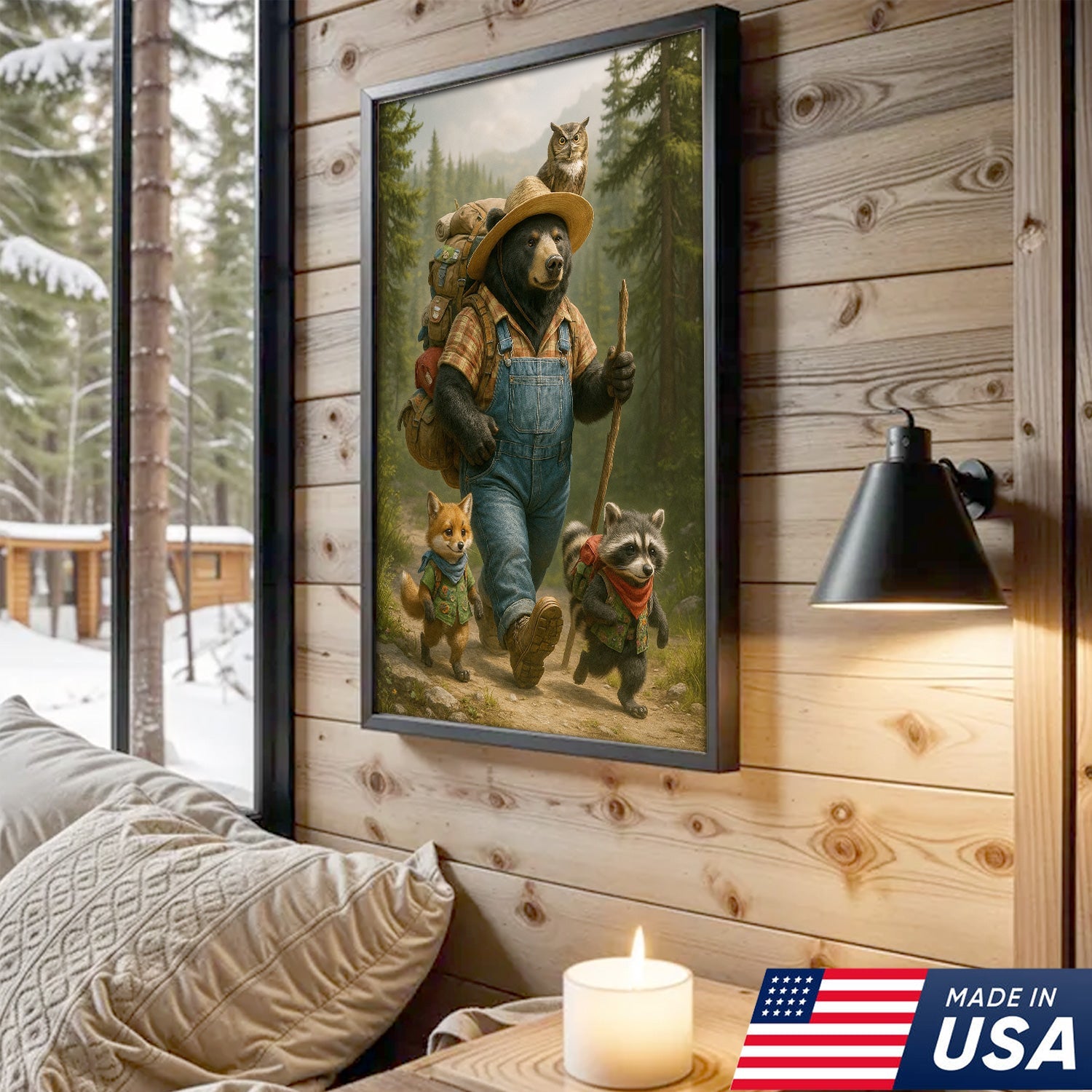 Bear Hiking Adventure Canvas Art – Cute Woodland Animal Wall Decor for Cabin & Home