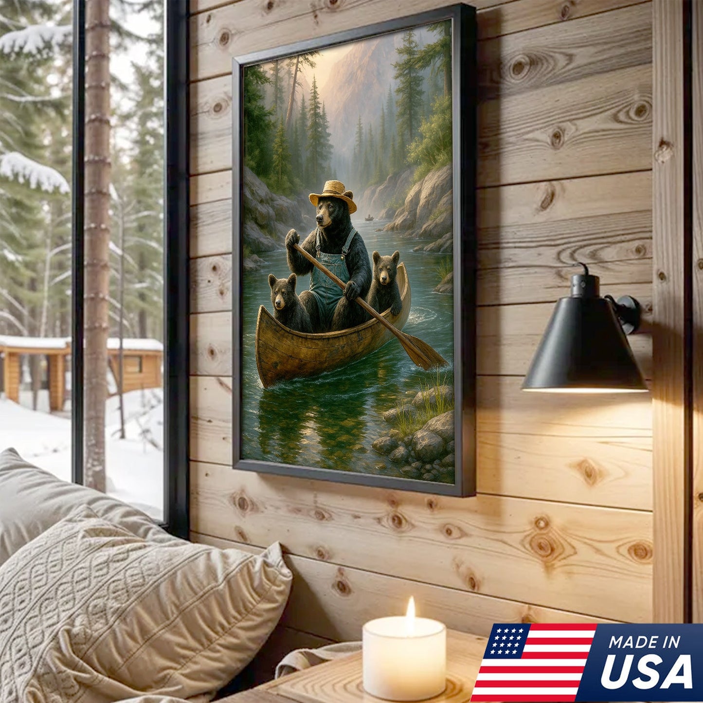 Bear Family Canoe Adventure Canvas Wall Art – Rustic Wildlife Wall Decor for Cabin & Home