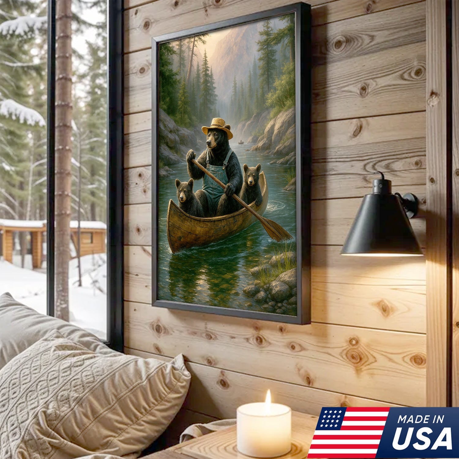 Bear Family Canoe Adventure Canvas Wall Art – Rustic Wildlife Wall Decor for Cabin & Home
