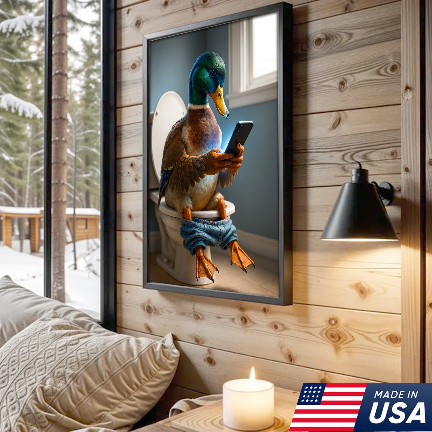 Funny Duck on Toilet Canvas Wall Art – Hilarious Gift for Men, Husband or Bathroom Decor