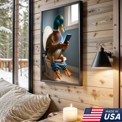 Funny Duck on Toilet Canvas Wall Art – Hilarious Gift for Men, Husband or Bathroom Decor