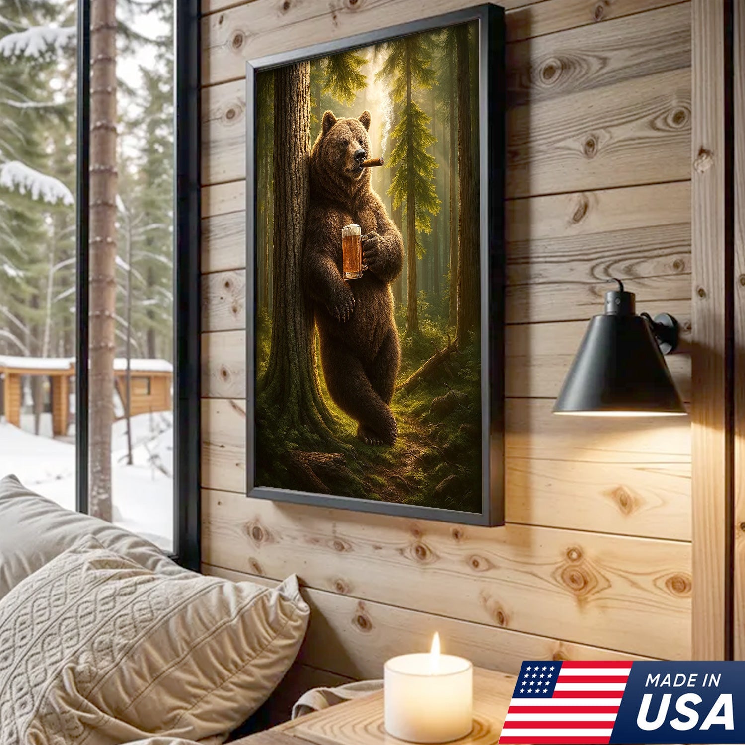 Rustic Bear in Forest Canvas Wall Art, Woodland Animal Decor, Nature Landscape Home Decoration