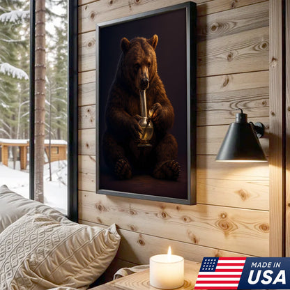 Rustic Bear Smoking Canvas Wall Art – Funny Cabin Decor for Hunters & Outdoor Lovers