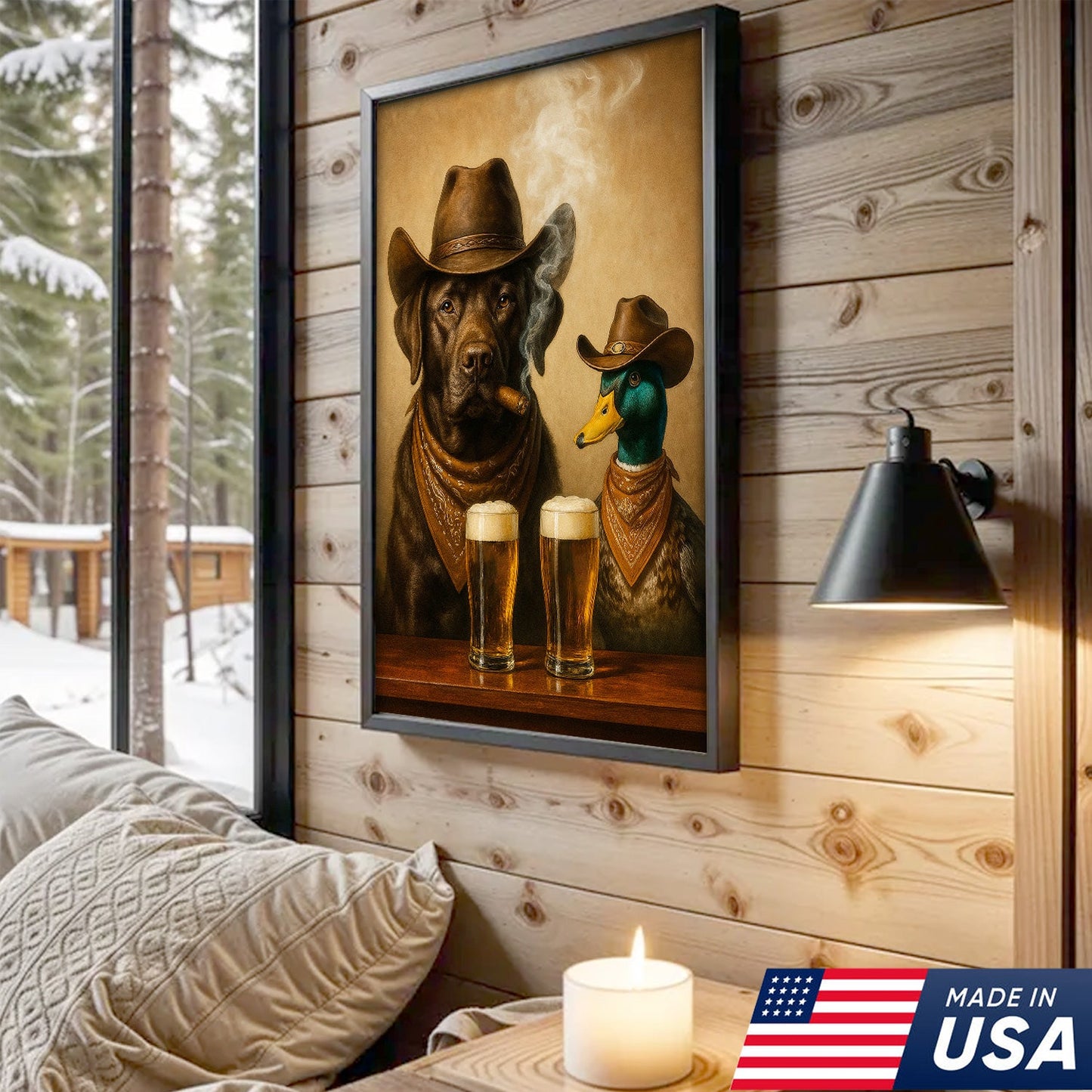 Funny Dog and Duck Canvas Wall Art – Rustic Cowboy Bar Decor Gift for Hunters and Lodge Lovers