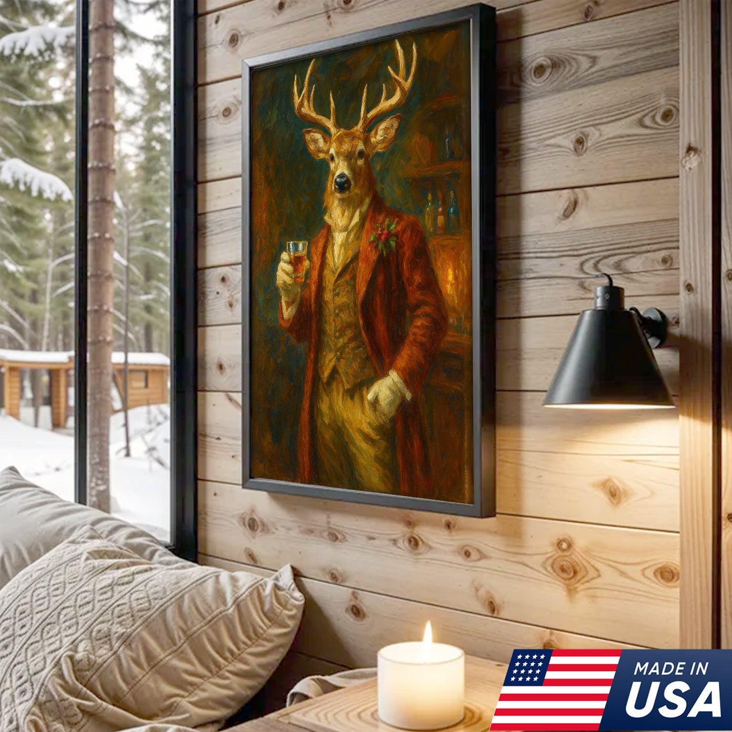 Deer Gentleman Wall Art Canvas – Whiskey Hunter Canvas Decor for Rustic Cabin