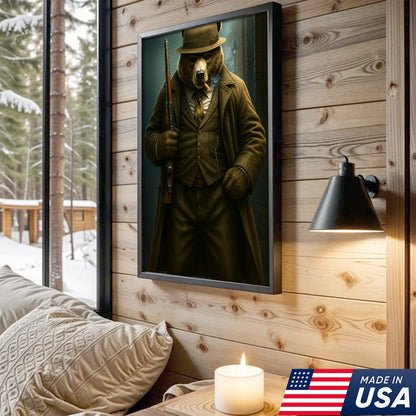Vintage Gentleman Bear Hunter Canvas – Rustic Lodge Wall Art for Hunters & Outdoorsmen
