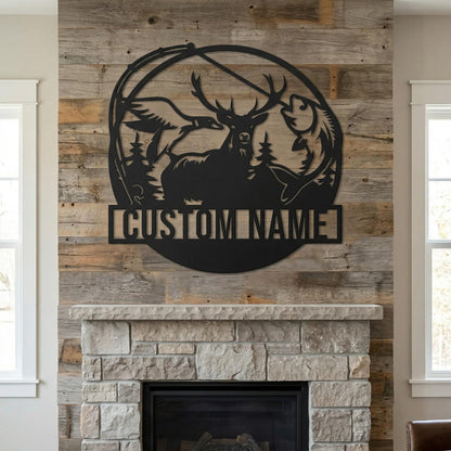 Personalized Deer Metal Sign Wall Art, Custom Fishing and Hunting Decor for Cabin