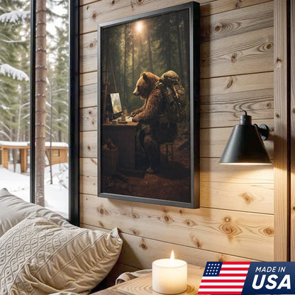 Bear Remote Work Canvas Wall Art, Whimsical Forest Office Animal Illustration