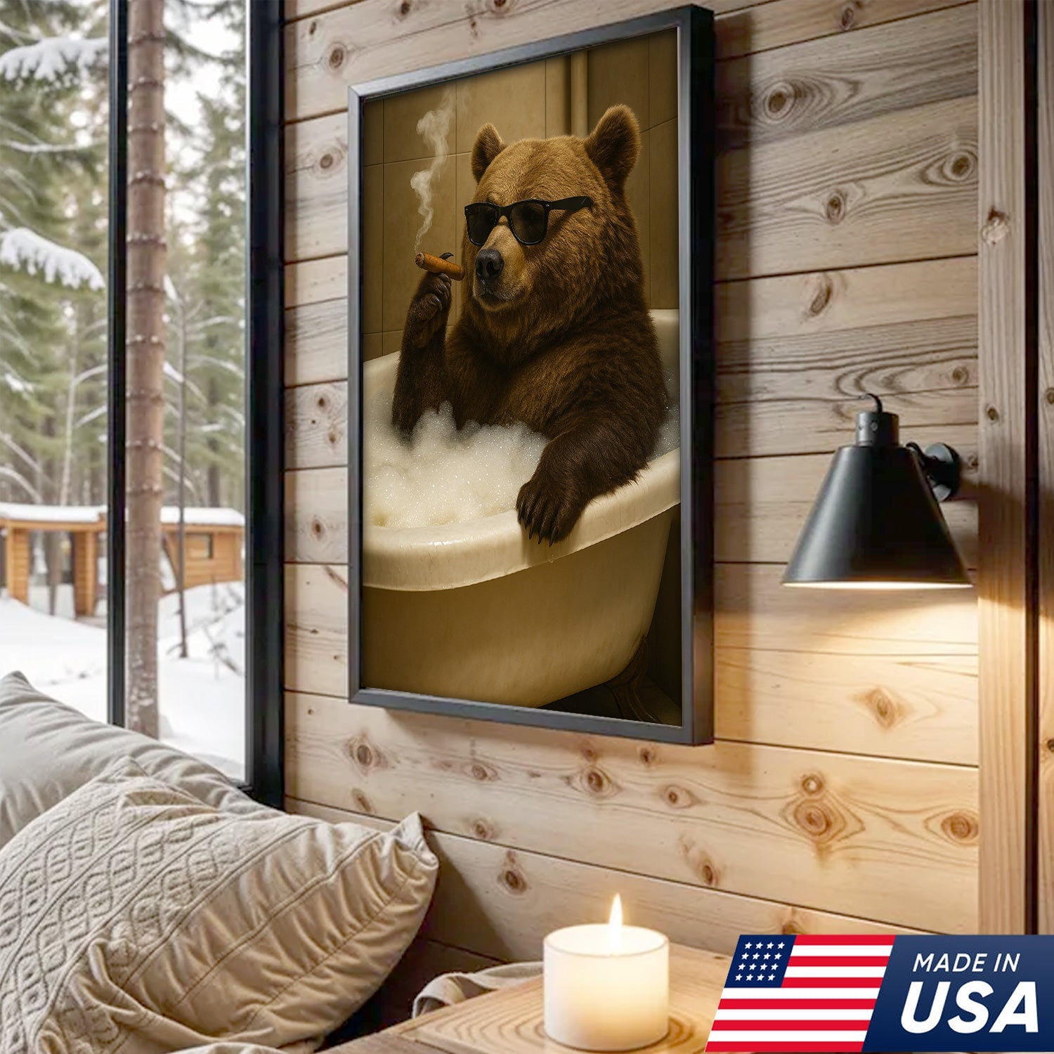 Cool Bear Canvas Wall Art – Funny Relaxing Bathtub Gift for Hunters & Outdoorsmen