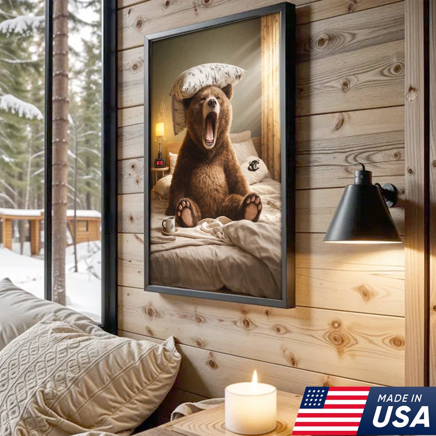 Funny Sleepy Bear Canvas Wall Art, Yawning Bear in Bed with Pillow, Cozy Bedroom Animal Art