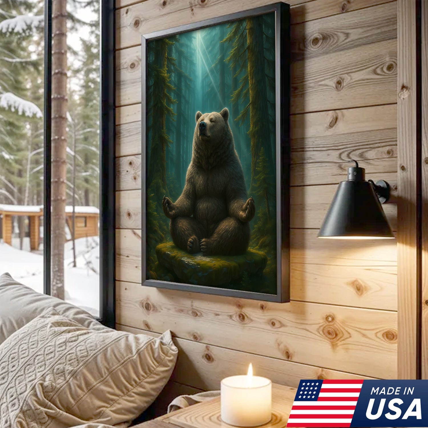Zen Bear Wall Art – Meditating Bear Canvas for Cabin, Nature Lovers & Rustic Home Decor