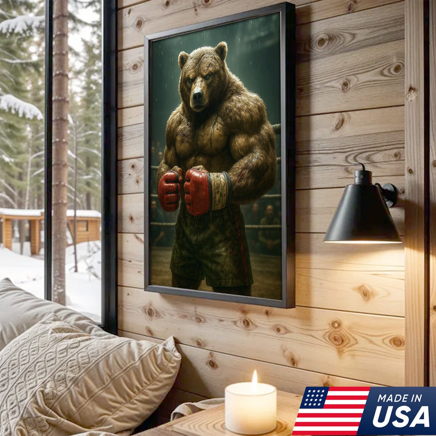 Boxer Bear Canvas Wall Art, Fierce Animal Fighter Artwork, Powerful Strength Decor for Men