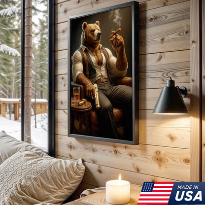 Boss Bear Canvas Wall Art, Stylish Anthropomorphic Animal Portrait, Masculine Power Lounge Decor