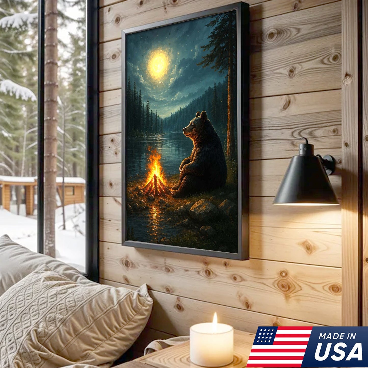 Bear Campfire Night Wall Art Canvas, Cozy Camping Bear by Lake