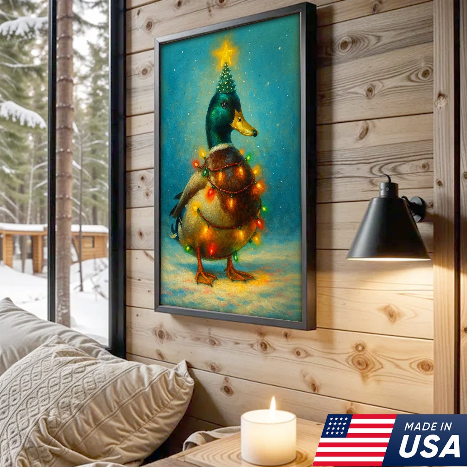 Funny Mallard Duck Christmas Canvas Wall Art – Festive Holiday Decor – Rustic Lodge Gift Idea