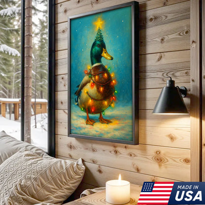 Funny Mallard Duck Christmas Canvas Wall Art – Festive Holiday Decor – Rustic Lodge Gift Idea